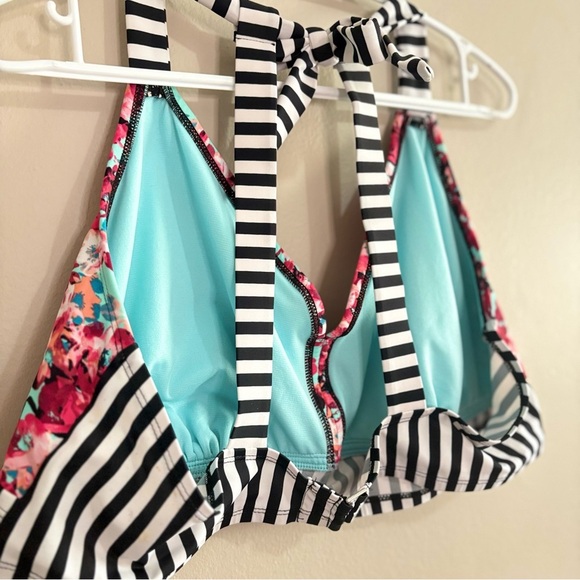 George Pink & Aqua Floral w Striped Band Plus Size Bikini Top - Picture 7 of 9